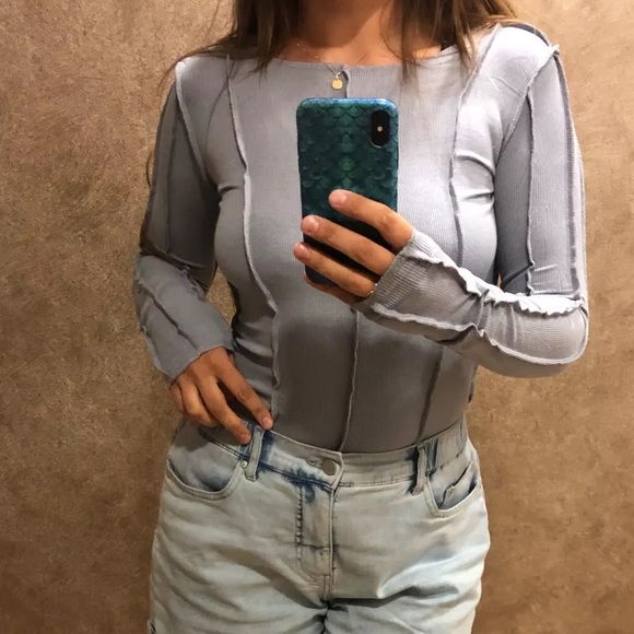 Shirt pastel blue ribbed line blouse womens top - Picture 6 of 7